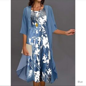 Chic Blue Floral Dress with Sheer Layer
